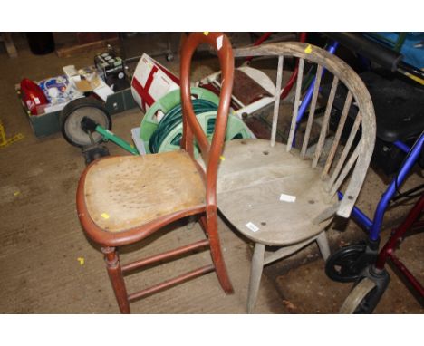 A rustic elm stick back chair and a Victorian bedroom chair AF