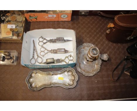 A Sheffield plated chamber stick; various snuffers; snuffer tray etc.