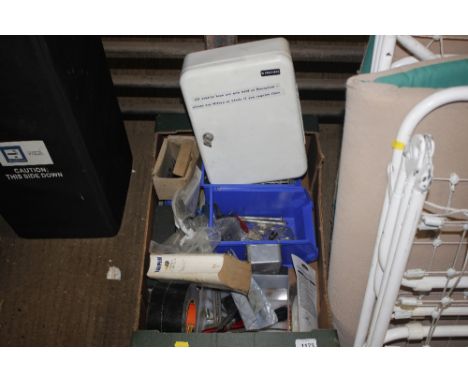 A box of various items including a metal key box, tools etc.
