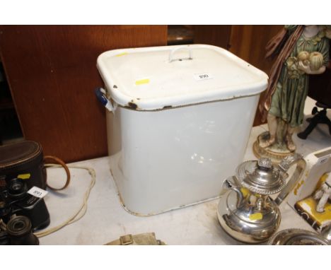 A white enamel bread bin