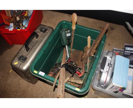 A plastic box and contents of various garden tools; and a documents case