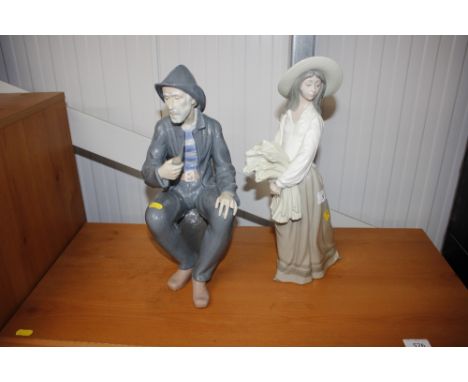 A Nao porcelain figurine depicting a young girl holding a sheaf of corn and a Nao figure of a seated fisherman