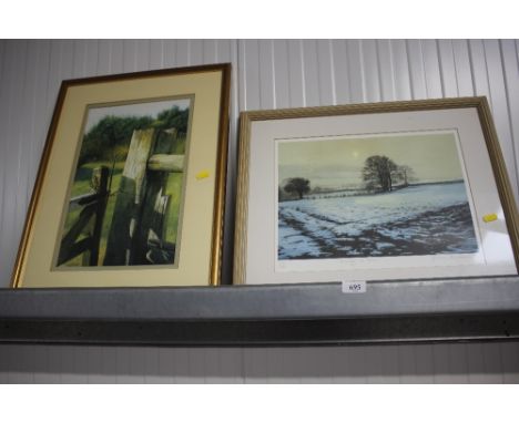 Julian Mitchell, limited edition print of a snow scene; and a vintage photograph of a gate 
