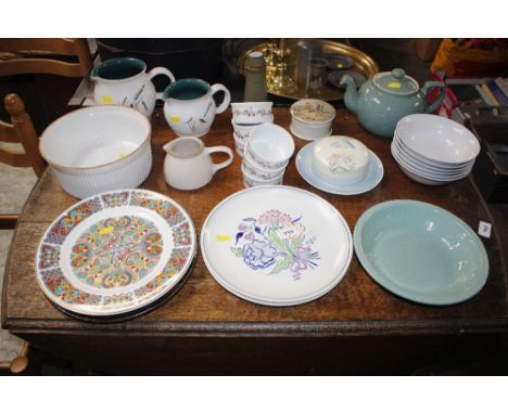 A Poole pottery plate; a Susie Cooper design butter dish; Denby "Greenwheat" jugs; a pot lid and base; various other decorati