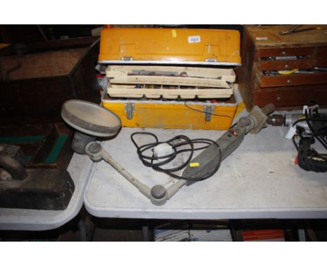A cantilever tool box; an adjustable bench lamp; and various tools etc.