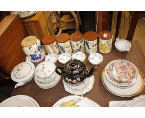 A collection of various china including Noritake teaware; a Victorian teapot; two Chinese shallow dishes; 20th Century storag