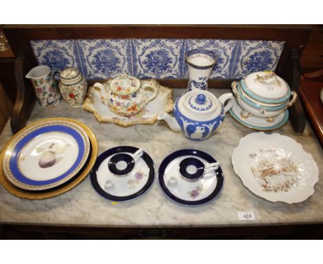 A 19th Century sauce tureen on stand AF; a Dudson Bros teapot; blue and white willow pattern vase; a pair of porcelain chambe