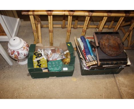 A box containing books and ephemera; a table lamp; and a box of miscellaneous items etc.