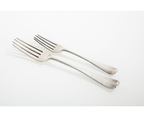 NINE GEORGE III OLD ENGLISH PATTERN SILVER FORKS
maker William Sumner I, London 1791, four table forks and five side forks, a