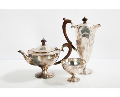 GEORGE V SCOTTISH SILVER PART TEA SERVICE
maker Robert Scott, Glasgow, teapot and sugar dated 1919, hot water pot dated 1920,