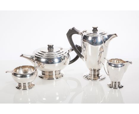 ART DECO SILVER FOUR-PIECE TEA SERVICE
maker Joseph Gloster Ltd., Birmingham 1938, of tapering oviform, approximately 1079g g