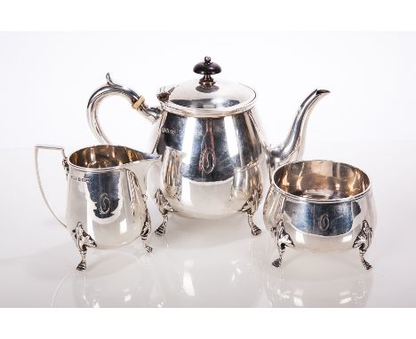 GEORGE V MATCHED SILVER THREE-PIECE TEA SERVICE
teapot maker Fenton Brothers Ltd, Sheffield 1917, sugar and cream maker E S B