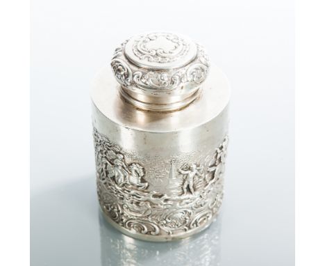 LATE 19TH CENTURY GERMAN HANAU SILVER TEA CADDY
maker Georg Roth & Co., circa 1900, of circular form, embossed with hunting s