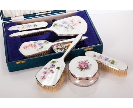 SILVER GUILLOCHE ENAMEL THREE-PIECE VANITY SET
maker Barker Ellis Silver Co, dated between 1965-1968, comprising hand mirror,