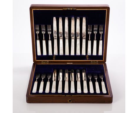 SILVER AND MOTHER OF PEARL HANDLED FRUIT CANTEEN
maker Allen & Darwin, Sheffield 1904, twelve knives and three pronged forks,
