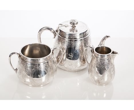 VICTORIAN SILVER THREE-PIECE TEA SERVICE
maker Goldsmiths Alliance Ltd (Samuel Smily), London 1872, of bulbous form, engraved