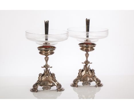 PAIR OF LATE VICTORIAN ELKINGTON CENTREPIECES
maker Elkington & Co., both formed of a glass bowl and stem mounted on three br