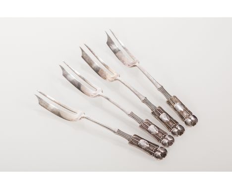 FOUR LIBERTY & CO. ART NOUVEAU SILVER HORS D'OEUVRES FORKS
maker Liberty & Co. Ltd., Birmingham 1923 & 1924, designed by Arch