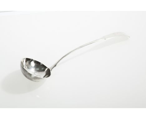 SCOTTISH PROVINCIAL SCOTTISH FIDDLE PATTERN SILVER SOUP LADLE
hallmarked MC IC MC MC, handle engraved with initials 'GJ', app