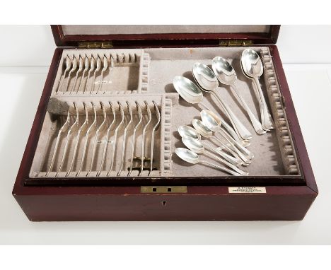 PART CANTEEN OF SILVER RAT TAIL PATTERN FLATWARE
maker Robert Stewart, London 1921, a few pieces with later date stamps, comp