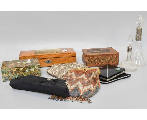 An Art Deco Lady's Compact, two silver mounted glass scent bottles, three evening purses, three boxes etc.