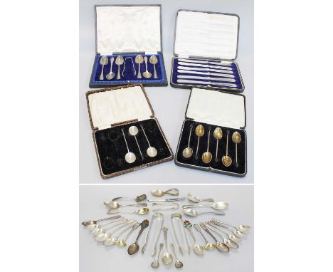 A Collection of Assorted George III and Later Silver Flatware, various patterns, some in cases, including two Fiddle pattern 
