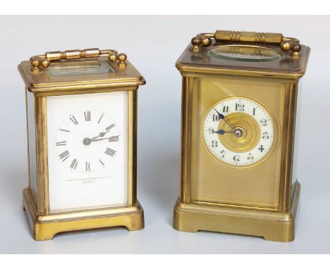 A Brass Striking Carriage Clock , circa 1900, twin barrel movement, with a platform leaver escapment, striking on a gong, tog