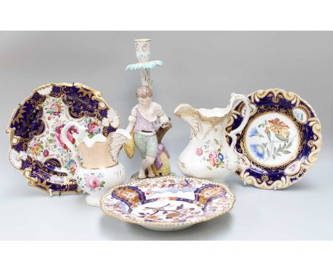 A Group of English Porcelain, including a Derby figural candlestick, Spode Feldspar Imari soup plate, two similar plates, two
