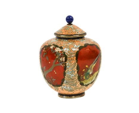 A Japanese Cloisonne Enamel Vase and Cover, in the manner Manikawa Yasuyuki, Meiji period, of square section ovoid form, deco