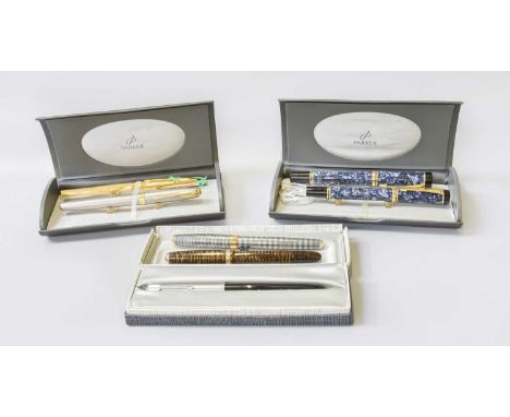 A Collection of Seven Various Parker Pens, variously decorated, including fountain and roller-ball (qty)