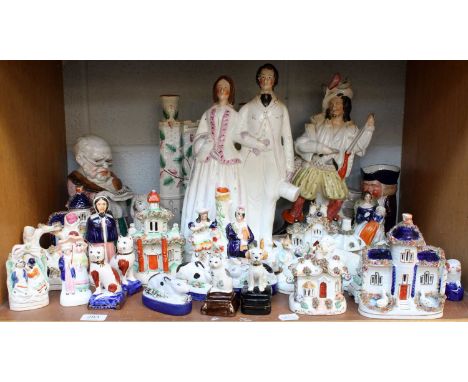 Victorian and Later Staffordshire Pottery Figures, including a marriage group, pastille burners, and various animal models (o