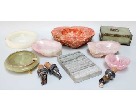 A Jade Cigarette box, with enamelled and hardstone mounts, together with Onyx, Rose Quartz and Other Hardstone Dishes, and Th