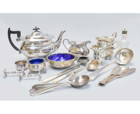 A Collection of Assorted Silver and Silver Plate, the silver including two differing mustard-pots; a pair of sauceboats; a sa