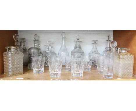 A Quantity of Early 19th Century and Later Glassware, including three-ring decanters, pair of silver mounted decanters with l