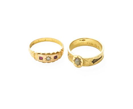 A 15 Carat Gold Ruby and Diamond Three Stone Ring, finger size P; and An 18 Carat Gold Opal and Hairwork Mourning Ring, finge
