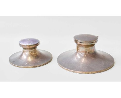 An Edward VII Silver and Enamel Capstan Inkstand and a George V Silver Capstan Inkwell, The First by Andrew Barrett and Sons,