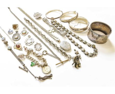 A Quantity of Silver and White Metal Jewellery, including three bangles, a gate link bracelet, a charm bracelet, an Albertina