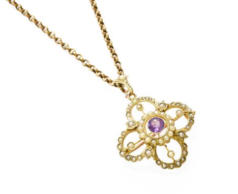 An Amethyst and Split Pearl Brooch/Pendant on Chain, the round cut amethyst within an openwork quatrefoil motif frame set thr
