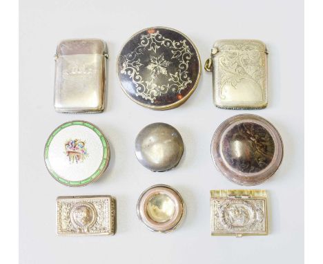 A Collection of Assorted Silver and Other Boxes, including a vesta-case, engraved with the Dugdale crest; a box with a pique-