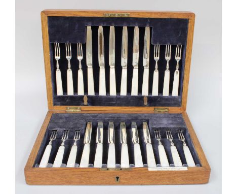 A Cased Set of Silver and Mother-of-Pearl Fruit-Eaters, by Charles William Fletcher, London, 1922, One Fruit-Fork by Goldsmit