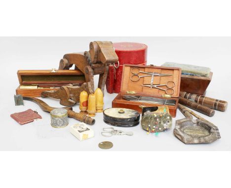 Assorted Collectables, including a leather mounted string box with gilt embellishments, a carved knitting stick, a turned bod