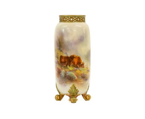 A Royal Worcester Porcelain Vase, by Harry Stinton, circa 1910, of elongated ovoid form with reticulated neck, painted with h