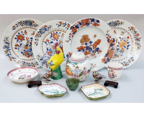 Four Chinese Imari Porcelain Plates, 18th century, a similar ginger jar, coffee cup and saucer, a model of a cockerel, two Ca