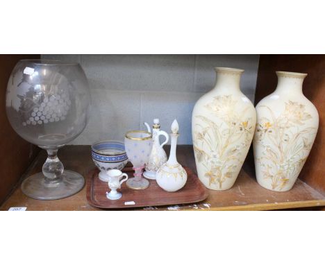 An 18th Century Milk Glass Custard Cup, A Similar Ewer and Stopper, Three Satin Glass Pieces, A Pair of Large Satin Glass Vas