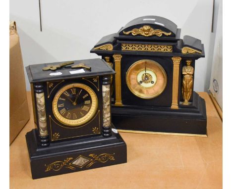 A Victorian Slate Mantel Clock, of architectural form with gilt mounts and having spring barrel movement striking on a gong, 