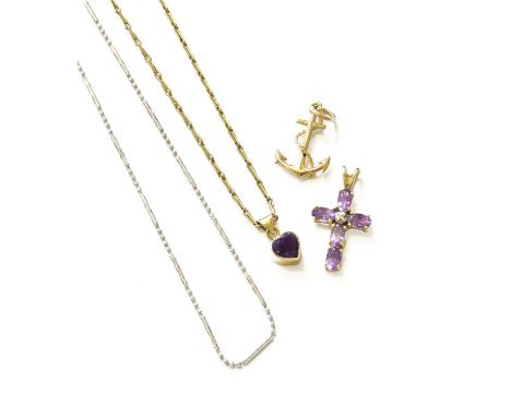 A 9 Carat Gold Amethyst Pendant on Chain, pendant length 1.3cm, chain length 51cm; A 9 Carat Gold Anchor Pendant/Charm; An Am