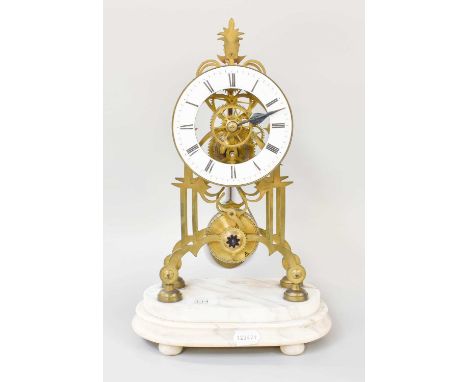 A Brass Single Fusse Skeleton Timepiece, with enamel chaptering and on stepped marble plinth, 41cm