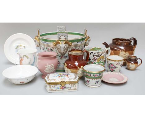 British and European Ceramics, including a Samson planter with ram mask handles, pink Jasperware, Doulton stoneware, and a Ro