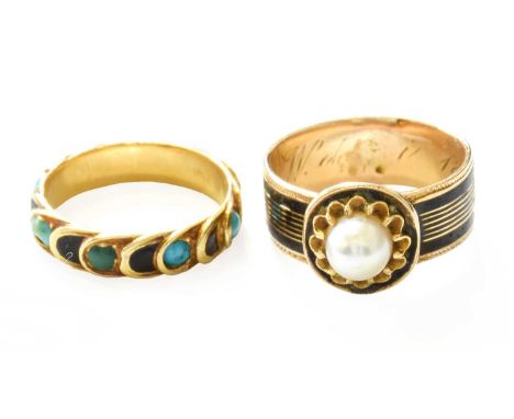A Turquoise and Enamel Ring, unmarked, finger size L1/2 (a.f.); A Cultured Pearl and Enamel Ring, unmarked, finger size N1/2T
