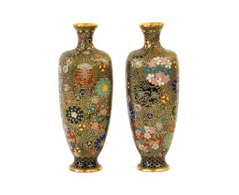A Pair of Japanese Cloisonne Enamel and Gilt Vases, Meiji period, of square section baluster form with flared necks, worked w